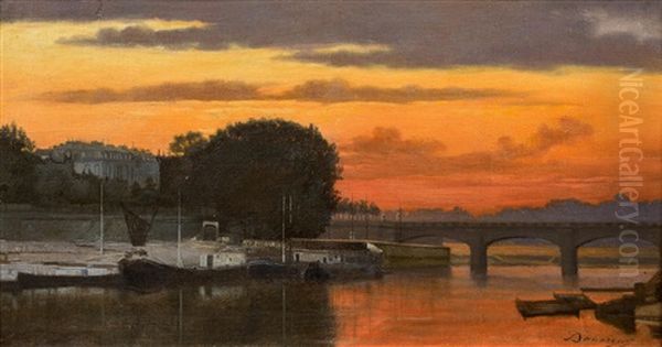 Le Pont De La Concorde Au Couchant, Paris Oil Painting by Charles Francois Daubigny