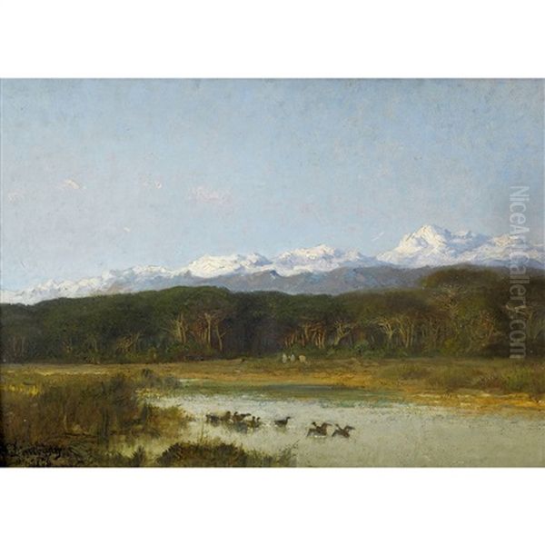 Entenschar Vor Alpenkulisse Oil Painting by Charles Francois Daubigny