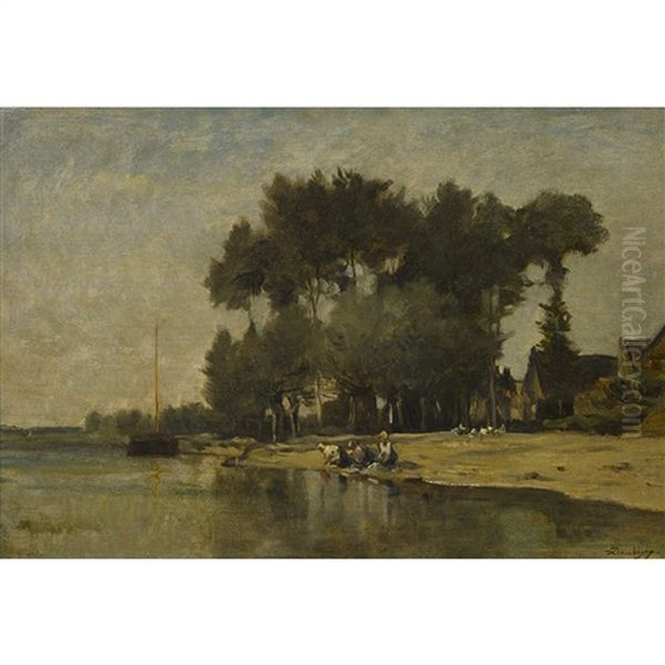 Uferpartie Mit Wascherinnen Oil Painting by Charles Francois Daubigny