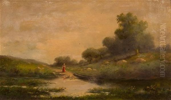 Lady On A Riverbank Oil Painting by Charles Francois Daubigny