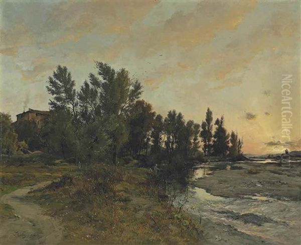 Sunset Near Fontainebleau Oil Painting by Charles Francois Daubigny