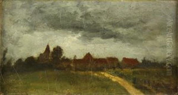 Landscape With Distant Village Oil Painting by Charles Francois Daubigny