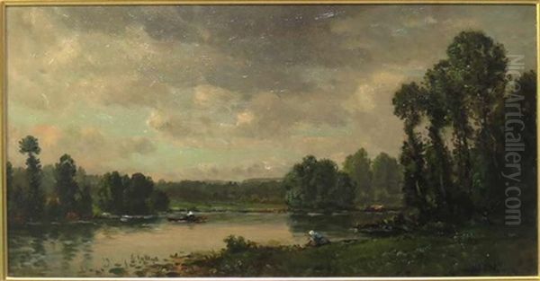 River Landscape, Man In Boat, Woman On Bank Oil Painting by Charles Francois Daubigny