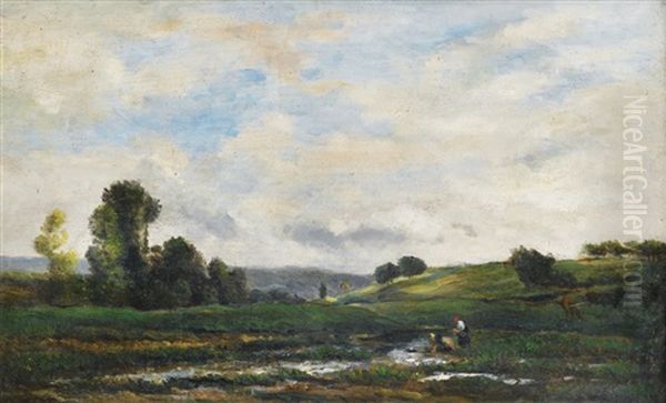 Deux Lavandieres A La Riviere Oil Painting by Charles Francois Daubigny