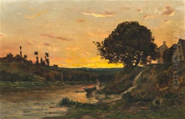 Landscape With Two Women Washing Clothes Oil Painting by Charles Francois Daubigny