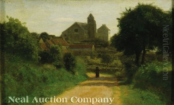 Woman On A Path Beside A Church by Charles Francois Daubigny