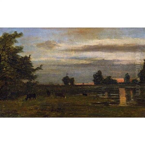 Weidende Kuhe Im Abendrot Oil Painting by Charles Francois Daubigny