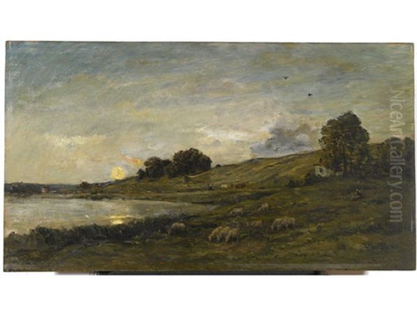 Troupeau De Moutons Au Bord De La Riviere Oil Painting by Charles Francois Daubigny