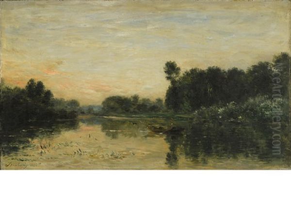 Le Bord De La Riviere, Soleil Couchant Oil Painting by Charles Francois Daubigny