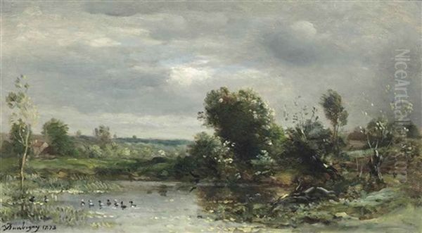 Ducklings On A Lake Oil Painting by Charles Francois Daubigny