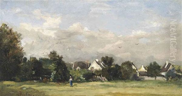 Paysanne Pres D'un Village Oil Painting by Charles Francois Daubigny