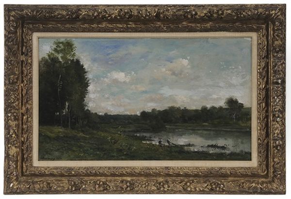 Bords De La Riviere, Pecheur Et Lavandiere Oil Painting by Charles Francois Daubigny