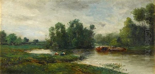 Lavandieres, Ile De Vaux Oil Painting by Charles Francois Daubigny