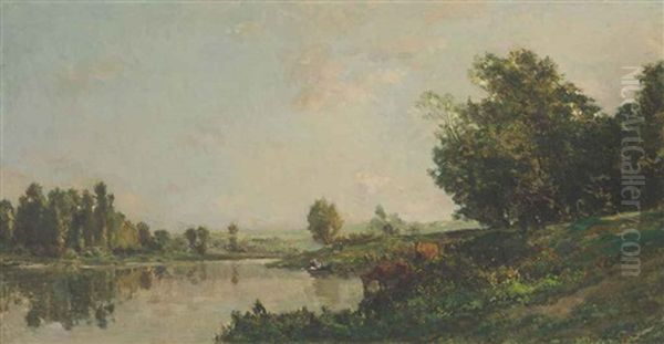 Au Bords De L'oise, Lavandieres Et Vaches Oil Painting by Charles Francois Daubigny