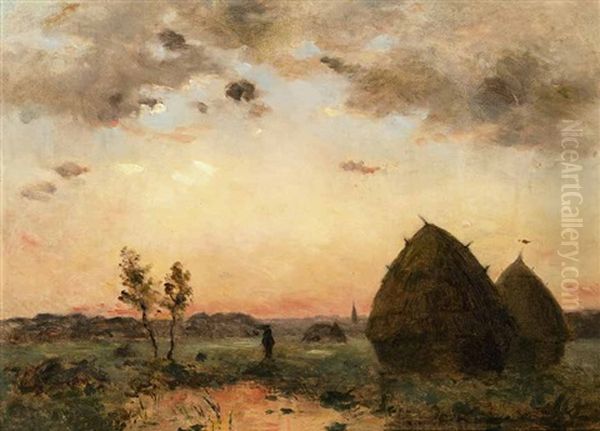 Soleil Couchant A Barbizon Oil Painting by Charles Francois Daubigny