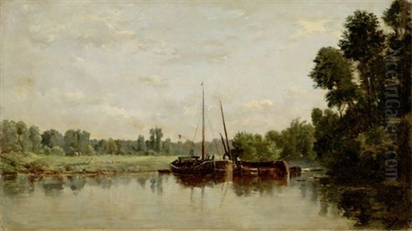 Flusslandschaft Mit Lastkahn Oil Painting by Charles Francois Daubigny