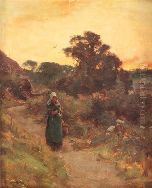 Landscape At Sunset, Girls From Bretania On The Way Home Oil Painting by Charles Francois Daubigny