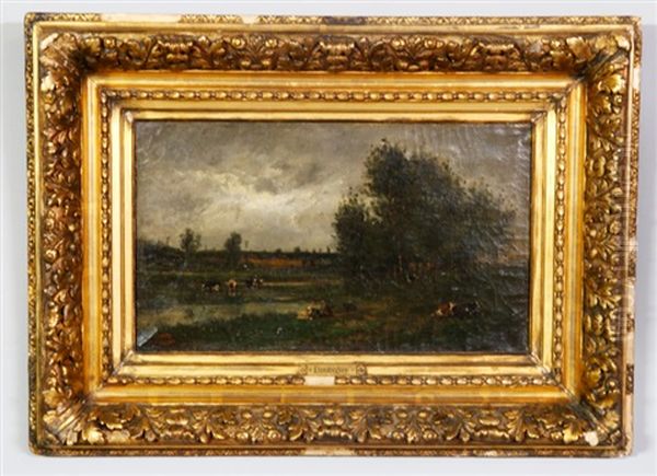 Landscape With Cows And Figures Oil Painting by Charles Francois Daubigny