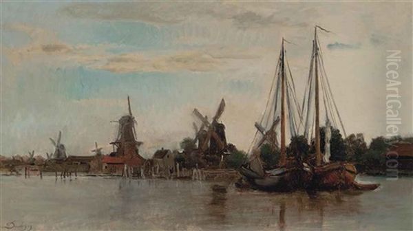 Barges Moored On A Dutch Waterway Oil Painting by Charles Francois Daubigny