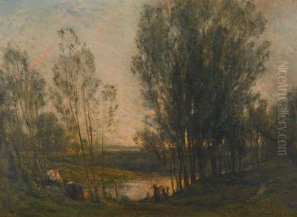 Les Pecheurs D'ecrevisses Oil Painting by Charles Francois Daubigny