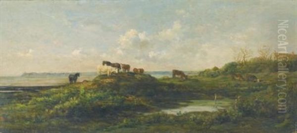 Vaches Au Bord De La Mare, Aux Hauteurs De Villerville Oil Painting by Charles Francois Daubigny