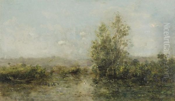 The River Scenery With Wild Birds Oil Painting by Charles Francois Daubigny