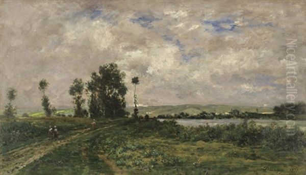 Archeveche Bridge, L'eure Riverside Oil Painting by Charles Francois Daubigny