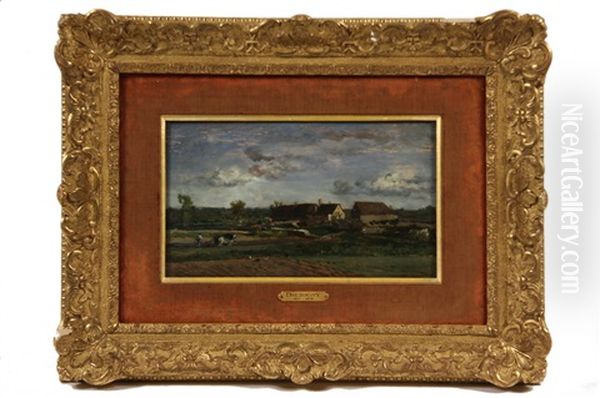 French Farm With Farmer At Plow Oil Painting by Charles Francois Daubigny