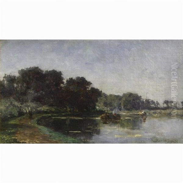 A Towpath Beside A River Oil Painting by Charles Francois Daubigny