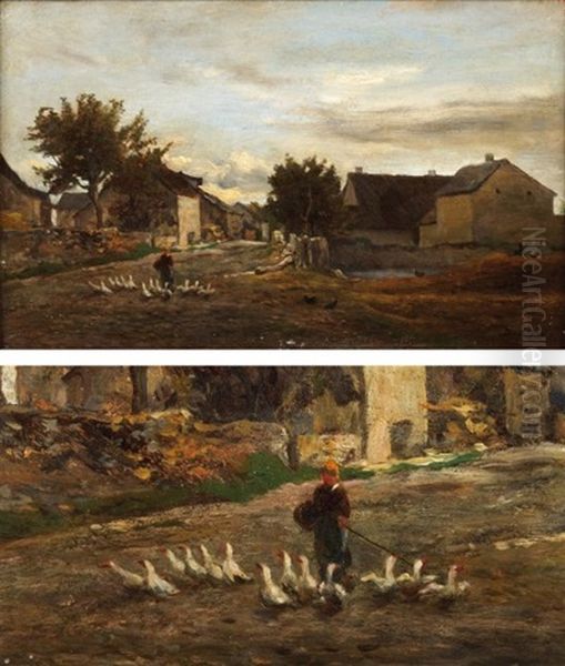 Le Troupeau D'oies, Village Pres De Barbizon Oil Painting by Charles Francois Daubigny