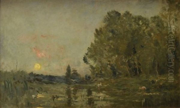 La Mare Aux Herons Oil Painting by Charles Francois Daubigny