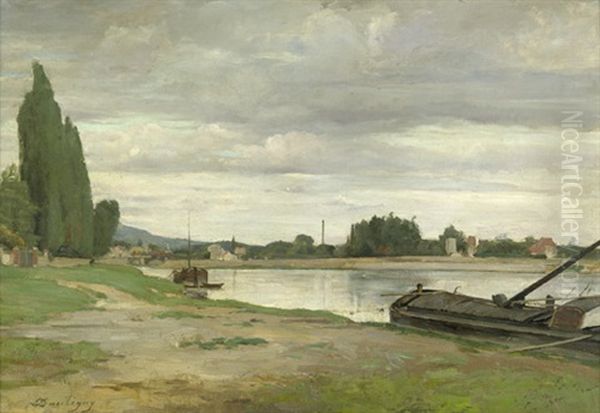 Fluslandschaft Mit Ankerndem Lastkahn Oil Painting by Charles Francois Daubigny