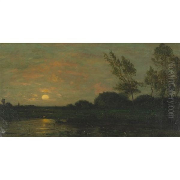 Coucher De Soleil Sur La Riviere (l'oise) Oil Painting by Charles Francois Daubigny