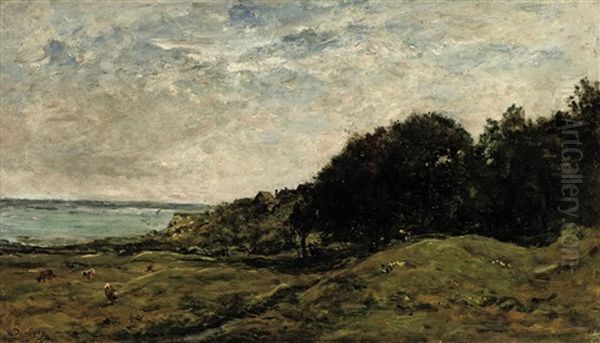 Le Pre Des Graves A Villerville- Calvados: Grazing Cows In A Meadow Near Villerville Oil Painting by Charles Francois Daubigny