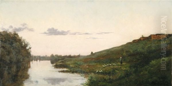 L'aube, Paysanne Et Ses Canards Oil Painting by Charles Francois Daubigny