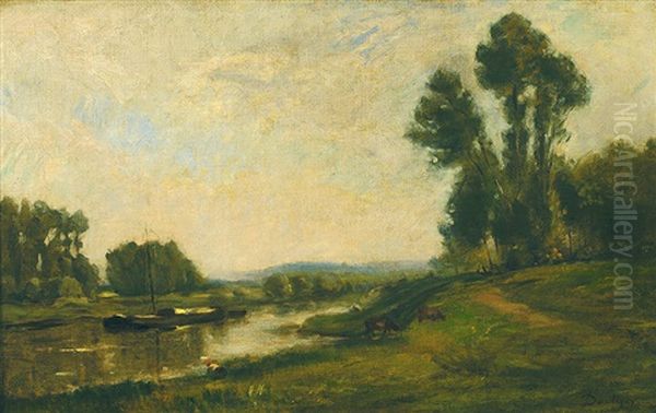 Impressionistische Flusslandschaft Mit Kahn, Weidendem Vieh Und Wascherin Oil Painting by Charles Francois Daubigny