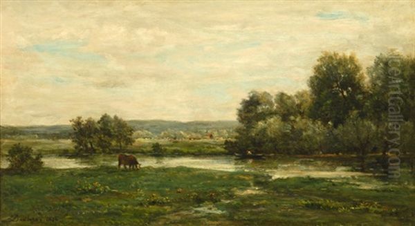 Grazing By Riverbank With A Boater Beyond Oil Painting by Charles Francois Daubigny