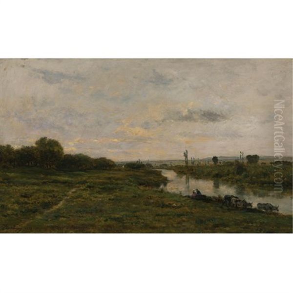 Vaches Au Bord De La Seine, A Conflans Oil Painting by Charles Francois Daubigny