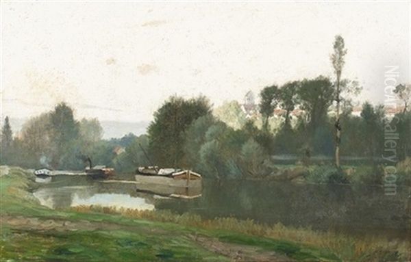 Paysage Fluvial Avec Bateaux Oil Painting by Charles Francois Daubigny