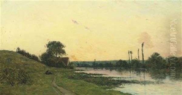 Maison Au Bord De La Riviere, Au Coucher Du Soleil Oil Painting by Charles Francois Daubigny