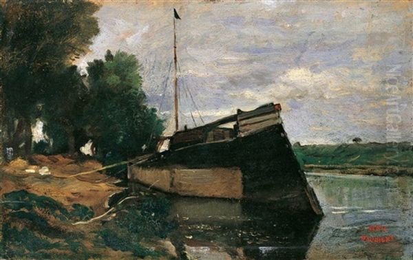 Flusslandschaft Mit Einem Boot Am Ufer Oil Painting by Charles Francois Daubigny