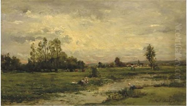 Un Paysage Avec Des Lavandieres Au Bord D'une Riviere Oil Painting by Charles Francois Daubigny