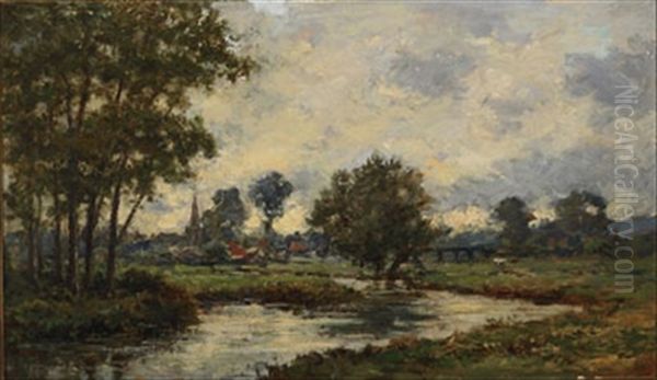 Riverside Village Oil Painting by Charles Francois Daubigny