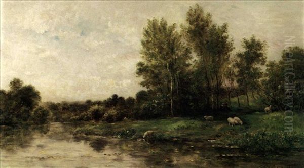 Figures Resting Under A Tree With Sheep Near A River Oil Painting by Charles Francois Daubigny