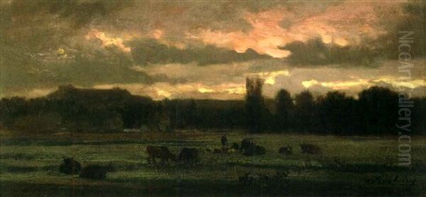 Coucher De Soleil Sur La Campagne Oil Painting by Charles Francois Daubigny