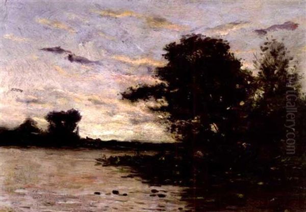 A River Landscape With Boatmen Oil Painting by Charles Francois Daubigny