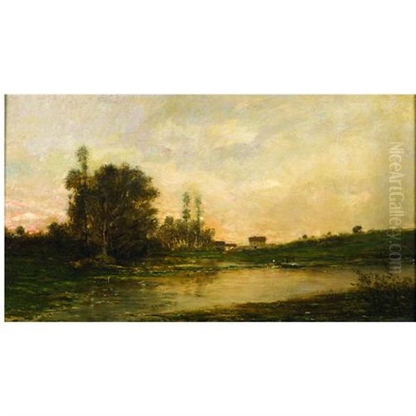 A River View With Figures On A Boat At Dusk Oil Painting by Charles Francois Daubigny