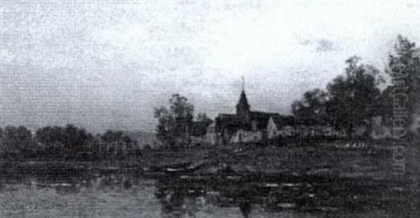 River Landscape With Village And Figures Oil Painting by Charles Francois Daubigny