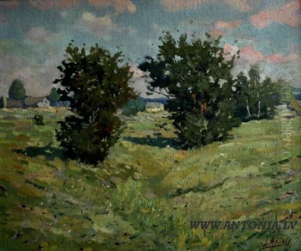 Green Field Oil Painting by Jekabs Apinis