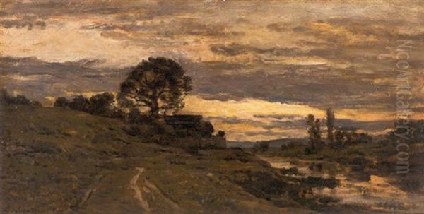 Sunset Over A Path Along The River Oil Painting by Charles Francois Daubigny